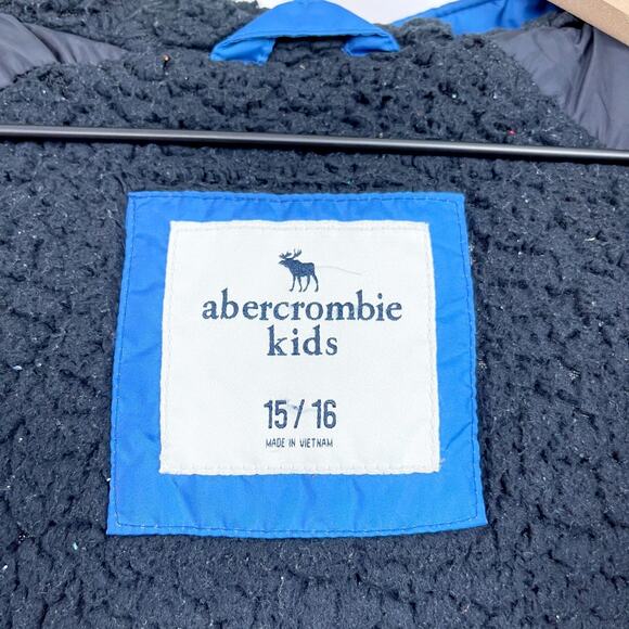 Abercrombie Kids Sherpa Lined Puffer Logo Stripe Jacket Blue Hooded Boys 15 16 - Picture 8 of 9